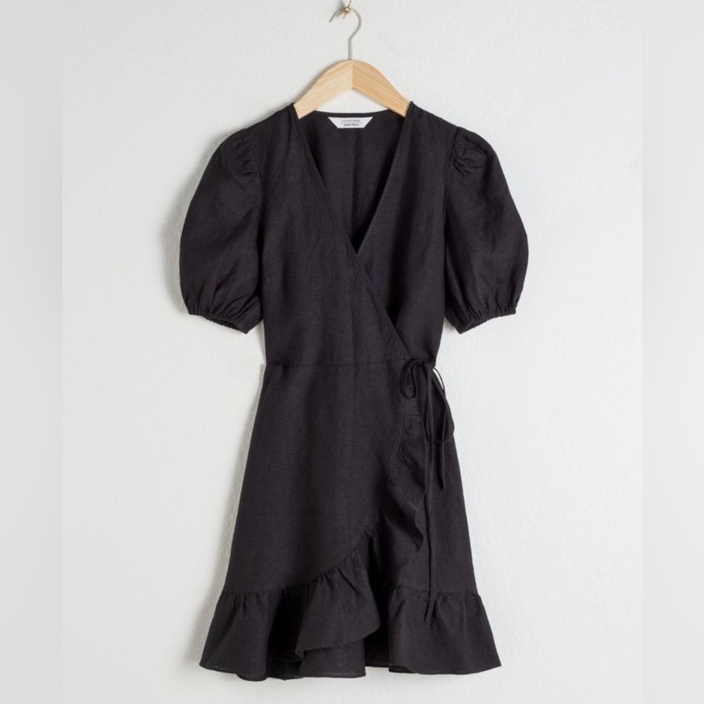 Puff sleeve mini linen wrap dress